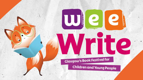 An illustration of a fox wearing glasses, holding up a book with text Wee Write Glasgow's book festival for children and young people