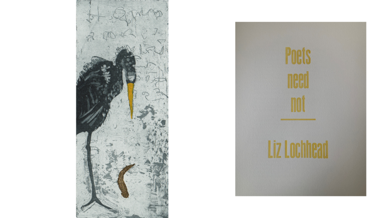 A collage image of an etching of a heron, and a printed title of a poem, "Poet's Need Not", by Liz Lochhead
