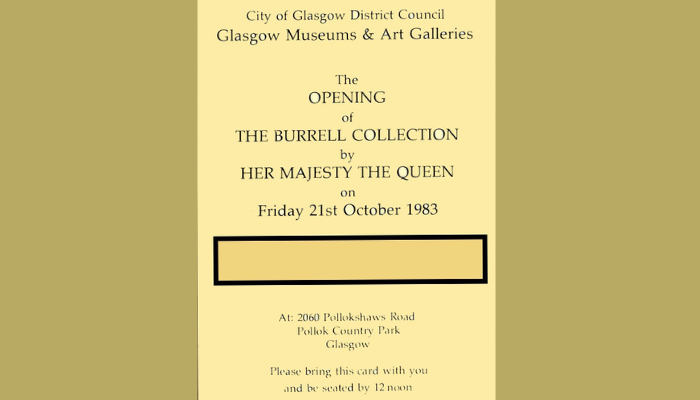 Yellow textual Poster advertising the opening of the Burrell Collection 1983