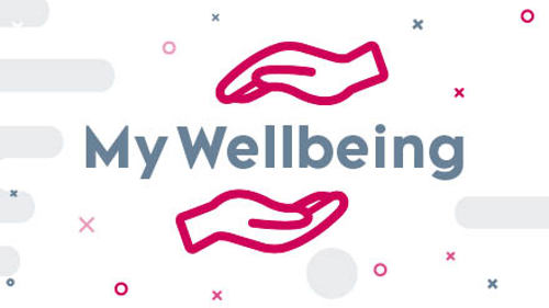Graphic of a pair of hands surrounding the words My Wellbeing