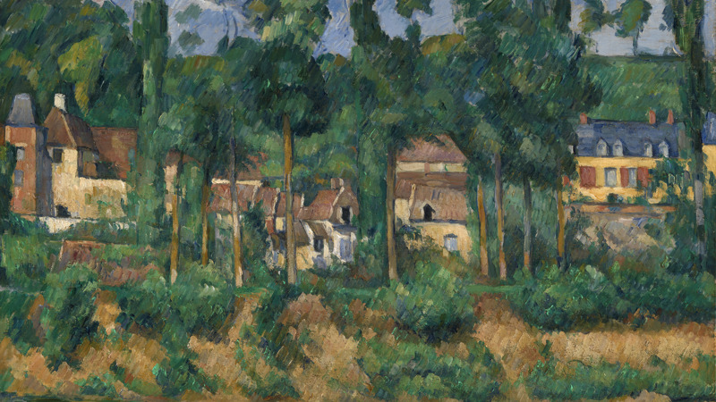 Impressionist-style painting by Cezanne of a riverside village with small houses nestled among tall trees, reflected in calm water under a cloudy blue sky. The title is 'The Chateau of Medan'