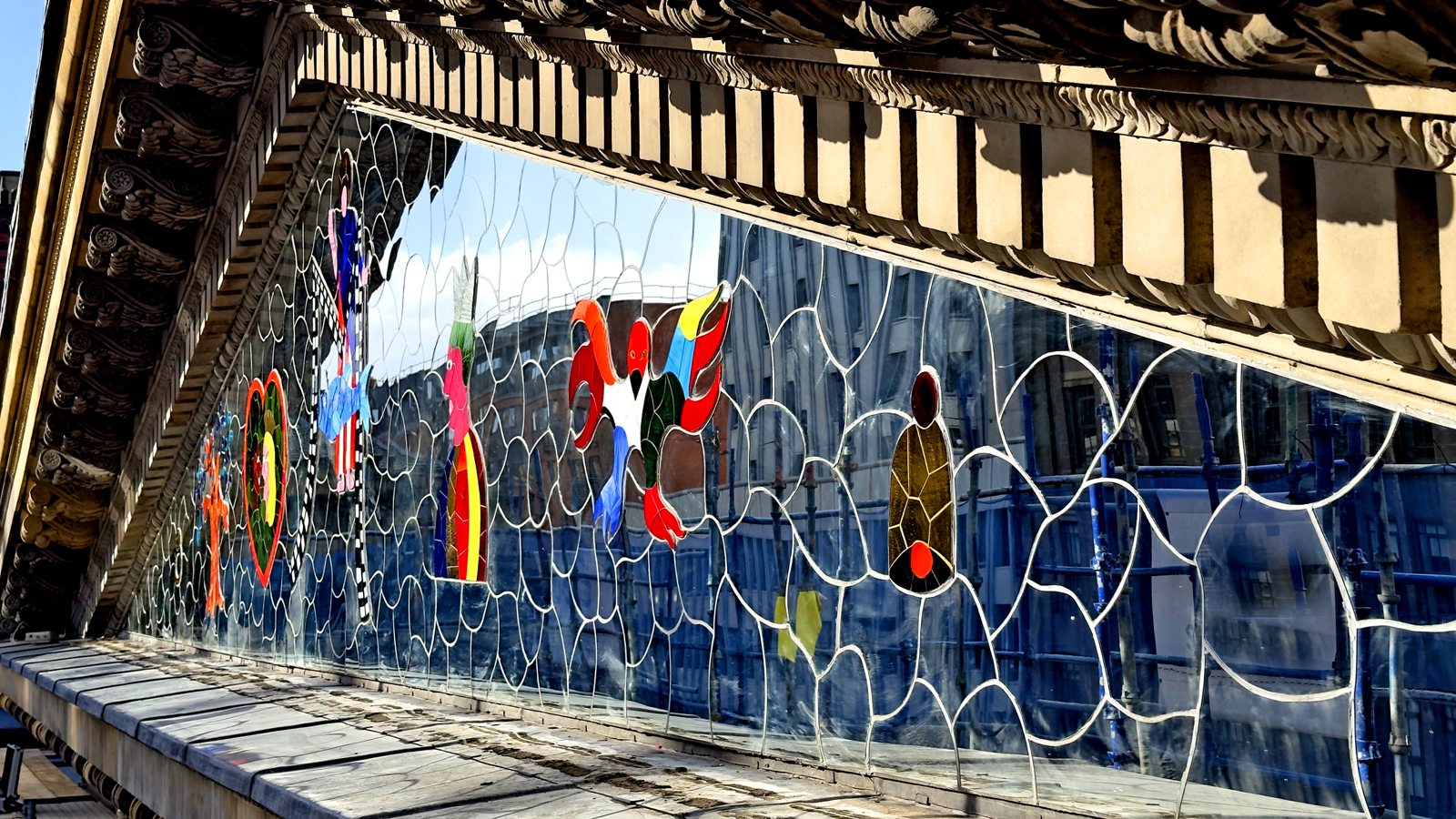 Photograph showing Tympanum by Niki de Saint Phalle on the exterior of the Gallery of Modern Art, 