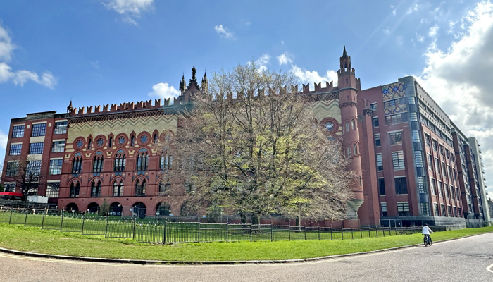 Photograph showing the outside of Templeton's Carpet Factory on Glasgow Green.