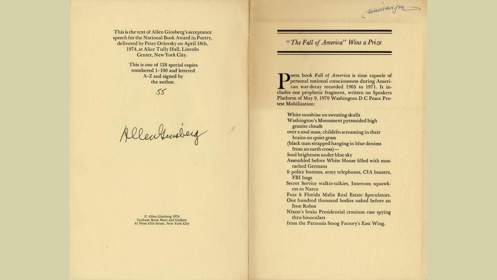 Title page of a book. "The Fall of America" wins a prize. Signed by the author, Allen Ginsberg