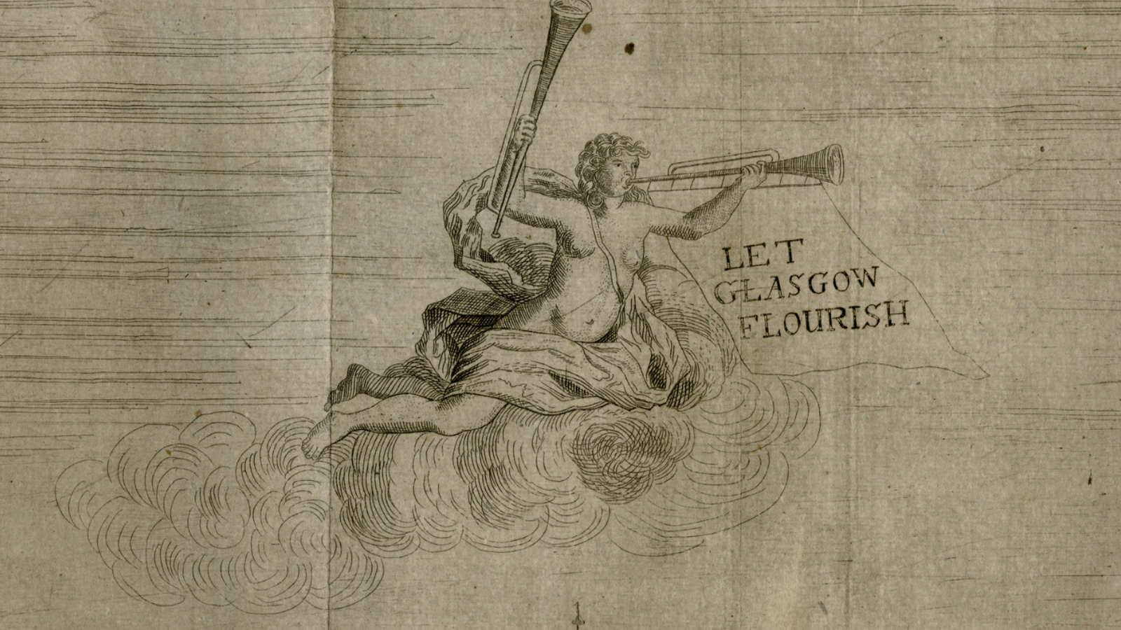 Book illustration of a cherub floating on a cloud playing a trumpet. A motto reads "Let Glasgow Flourish"