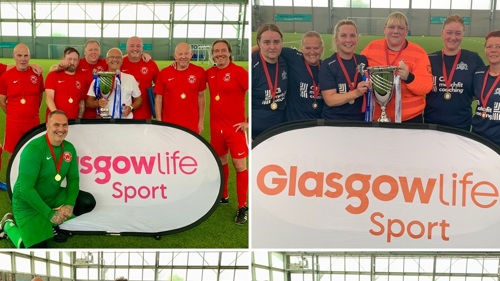A collage of four football teams each holding a silver cup