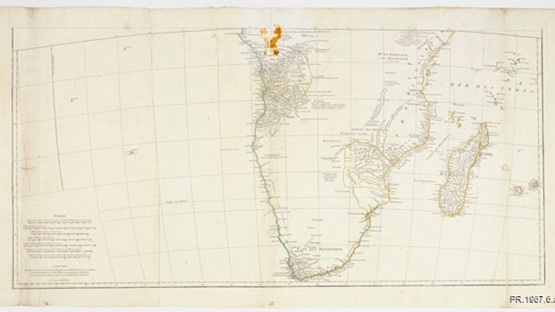 A photograph of a map of South Africa by Jean-Baptiste Bourguignon d’Anville, from about 1700s..