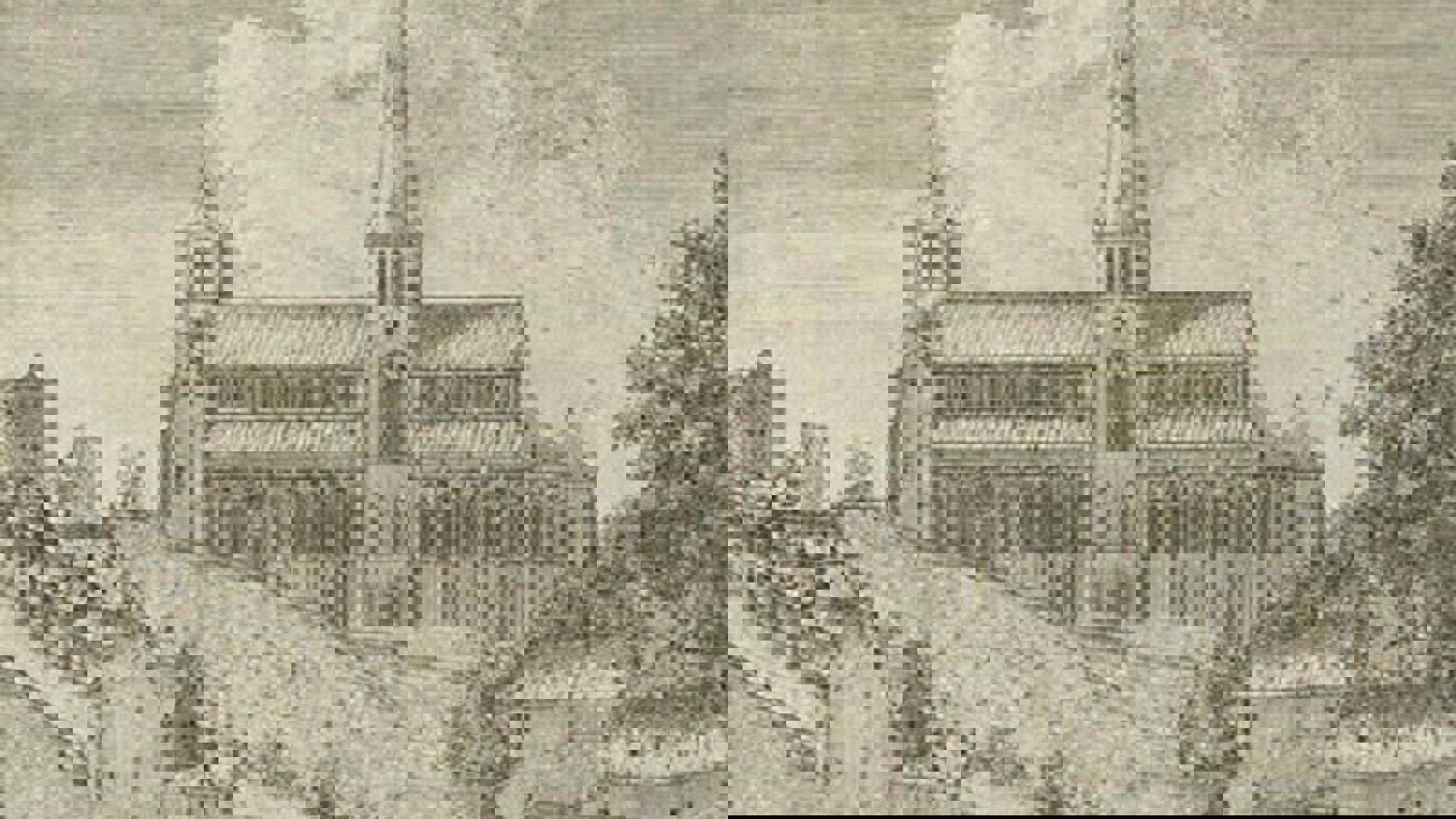 A drawing of a catherdral with a large steeple and clouds in the background. In front are many houses and trees.