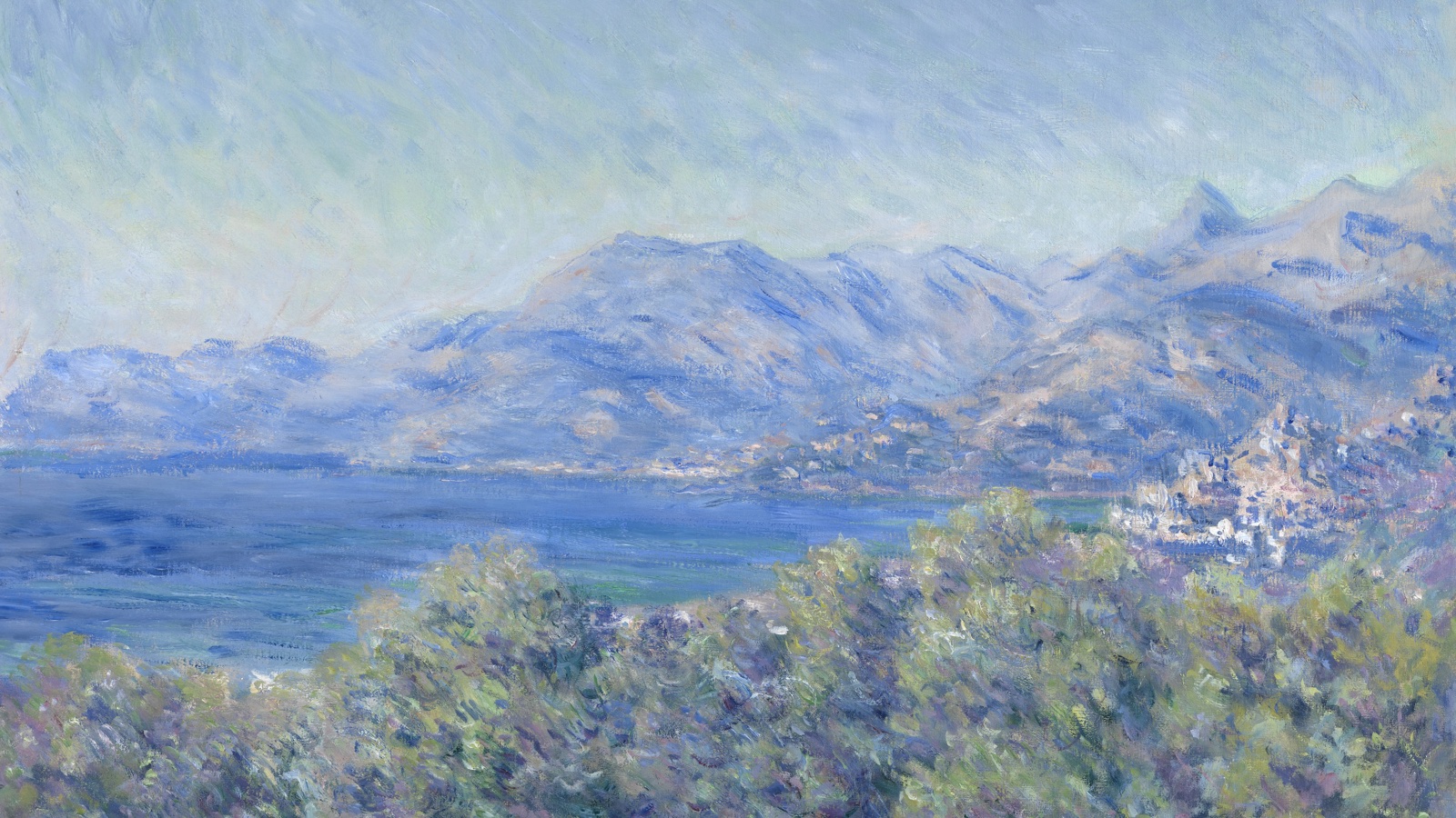 a painting of a Riviera scene showing the rolling foothills along the waterfront from a wooded hilltop. The sky is blue and the sun is casting shadows across the hills.