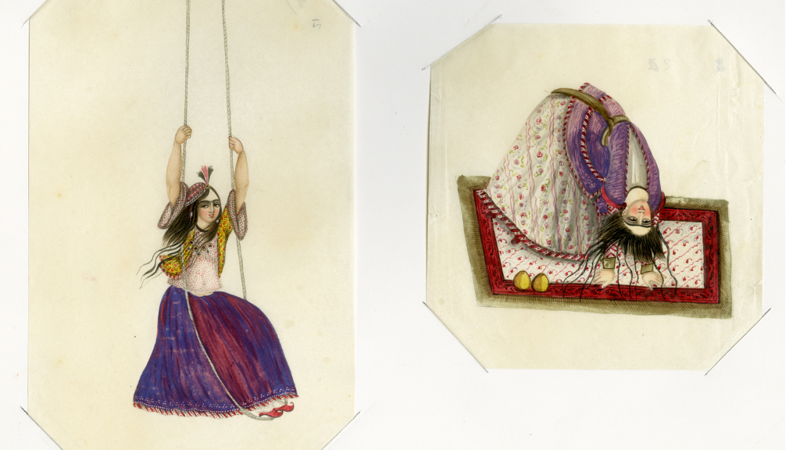 Two paintings (Persian Miniature Style) On the left is a woman wearing Persian clothing. She is swinging on a rope. On the left is a woman stretching backwards on a carpet.