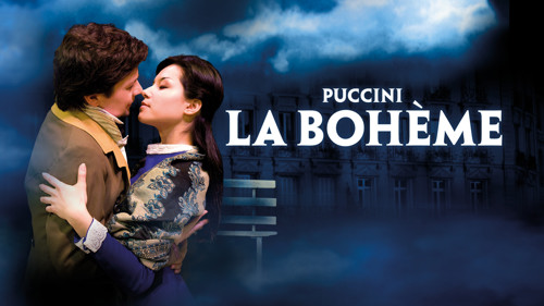 A couple in period costume embrace with text La Boheme