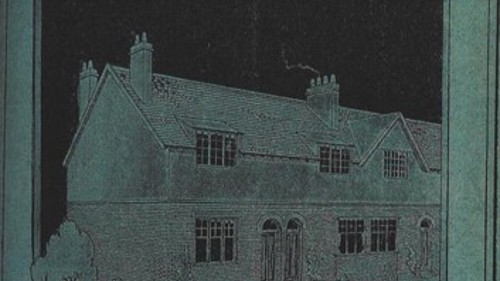 An image of the front cover of John Wheatley's publication, 'Eight Pound Cottages for Glasgow Citizens'. The cover is green and black and features an artists impression of one of the cottages. The cottage is two stories high and there is a garden in the foreground.