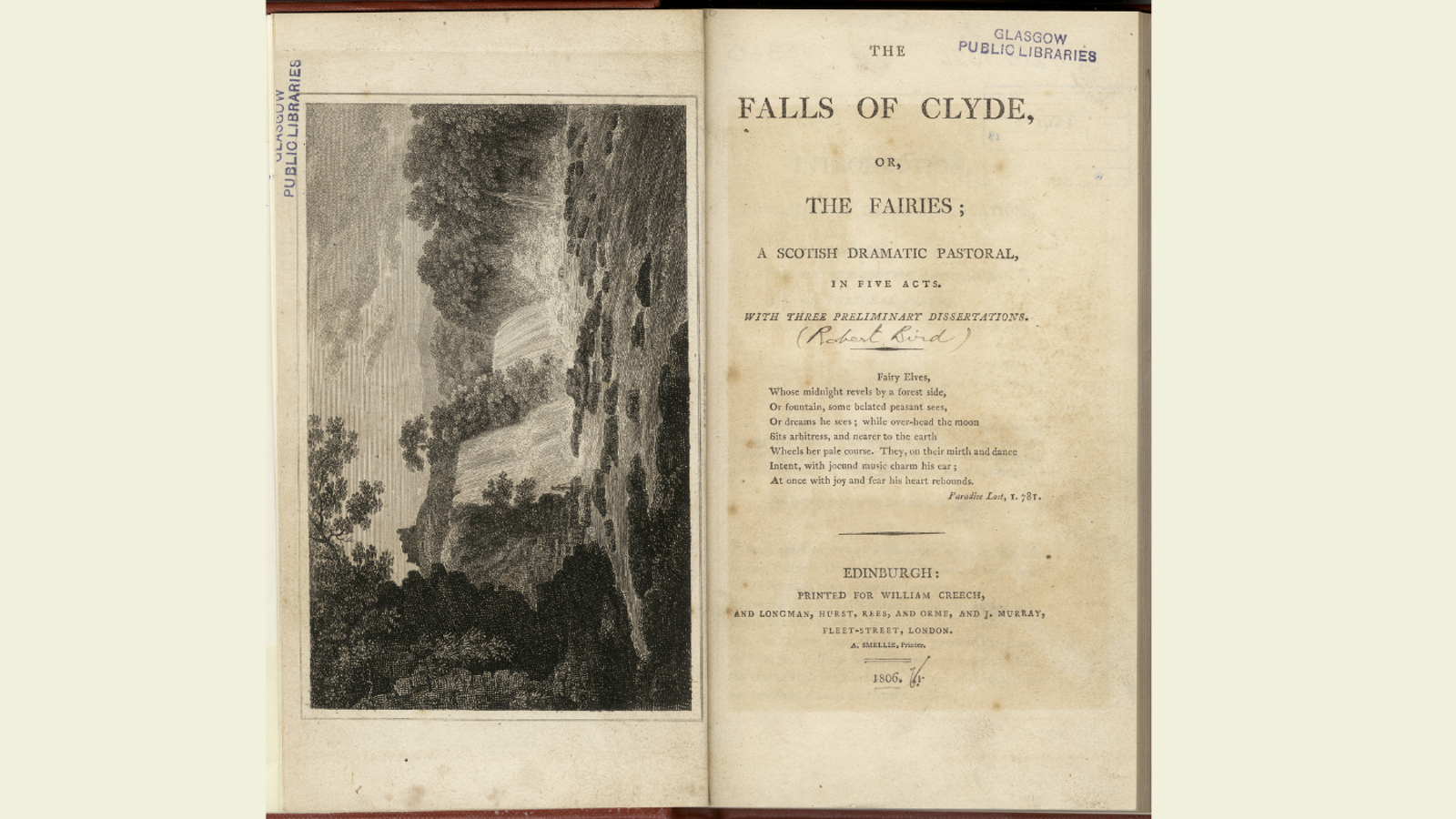 Title page and frontispiece of a book. The falls of Clyde, or, The fairies a Scottish dramatic pastoral, in five acts, with three preliminary dissertations