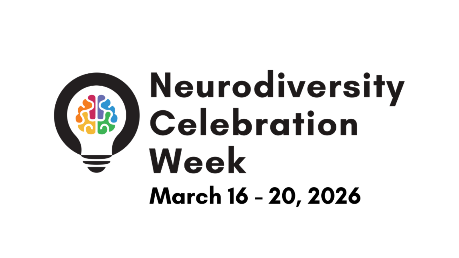 Logo for Neurodiversity Celebration Week featuring a lightbulb with a multicoloured brain icon inside, alongside the text ‘Neurodiversity Celebration Week, March 16–20, 2026’.