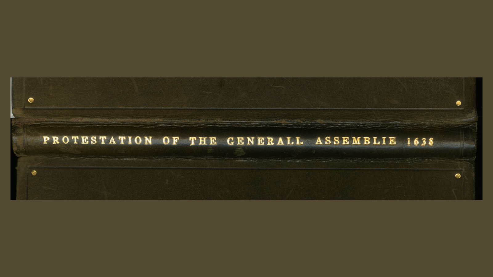 Gold decorated spine of a leather bound book. It reads: THE PROTESTATION OF THE GENERALL ASSEMBLIE