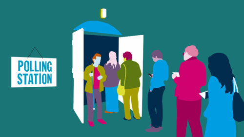 Colourful graphic of a group of people queuing to enter a doorway with a sign on the way that reads Polling Station