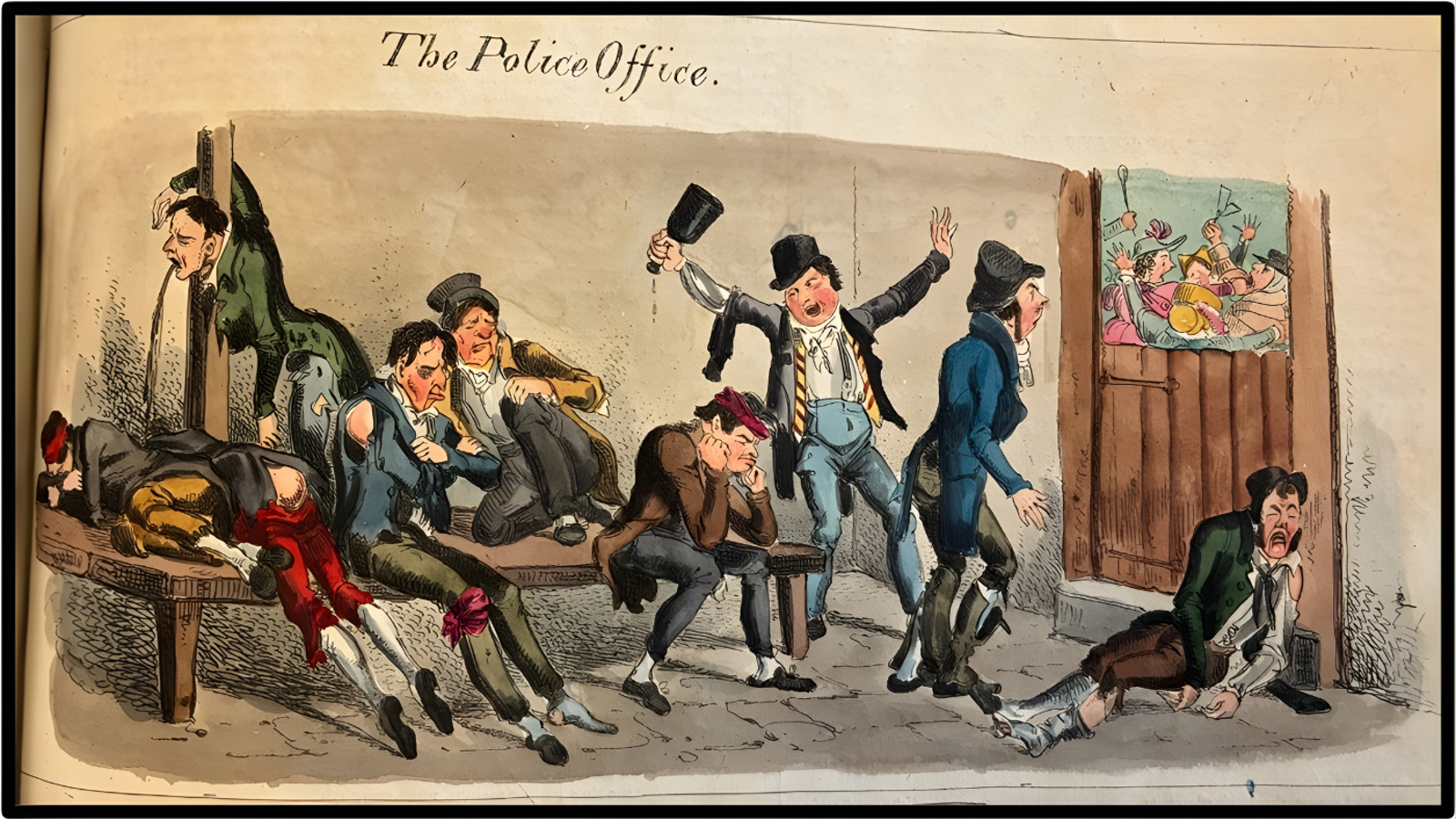 A humourous coloured cartoon from 1825 depicting a police office. There are several people in the scene, mainly lying on benched, vomiting and sleeping.