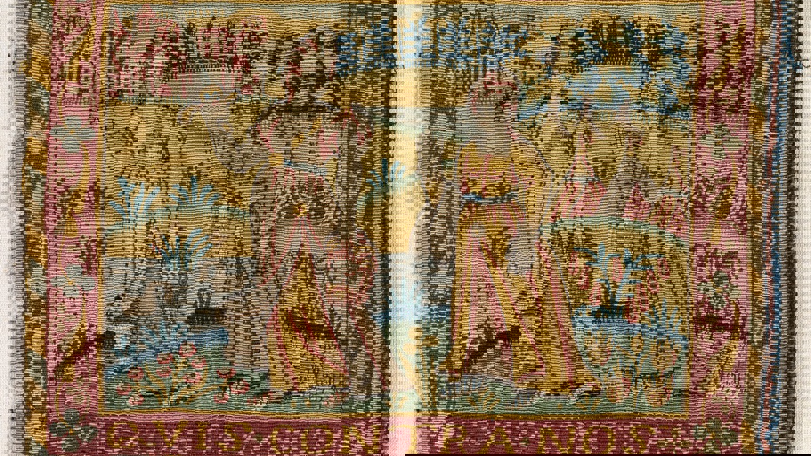 tapestry showing a person holding a decapitated head whilst another person looks on