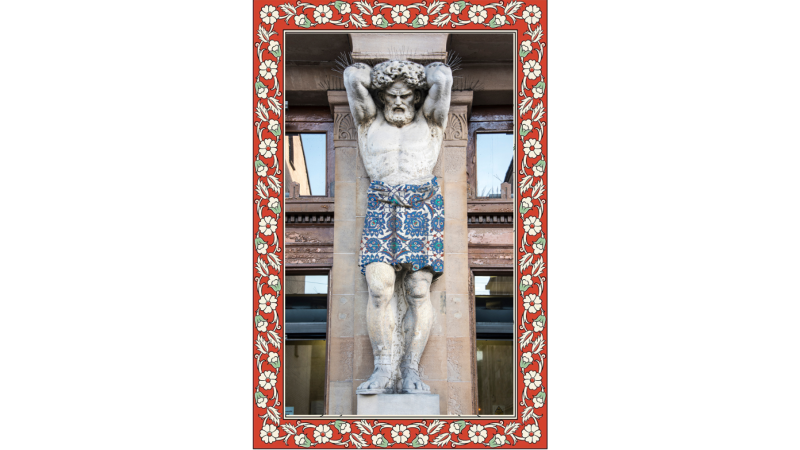 A photograph of a caryatid sculpture in a collage with Persian patterns