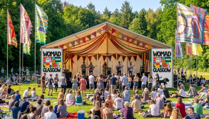 Festival-goers lounge on grass and dance under a bunting-draped tent at the New World Stage.