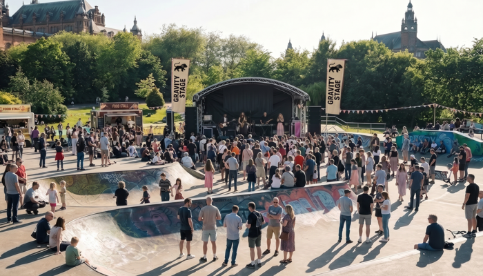 A crowd gathers at a skate park for a band playing on the Gravity Stage in a sunny Glasgow park.