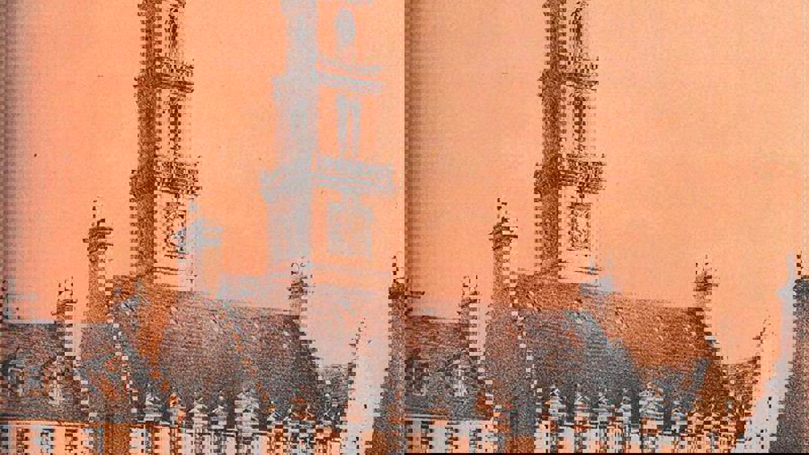 A drawing on orange-red paper of an Old Merchants' hall and steeple. It has a clock tower on the top and there are people and a dog in the courtyard with other buildings either side and opposite it..