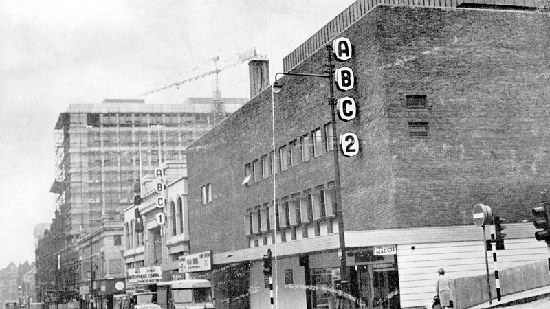 A black and white image of the old ABC cinema on Sauchiehall Street, from street view. Image courtesy of Glasgow City Archives  