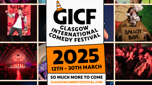 A collage of photos of stand up comedians performing on stages with text Glasgow International Comedy Festival 2025