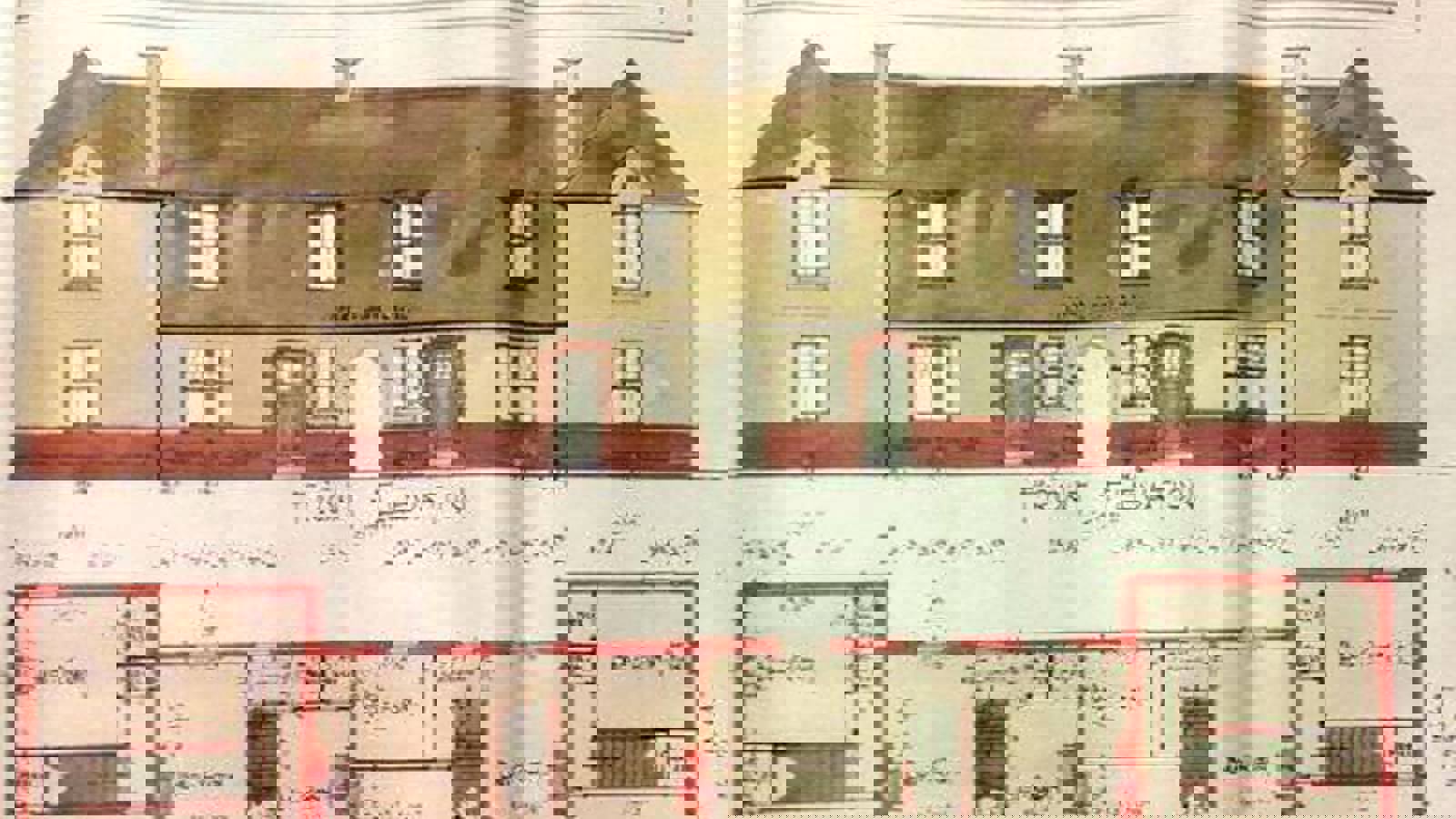 A drawing of a corporation built plan of a house in Knightswood including front elevation and floor plans.