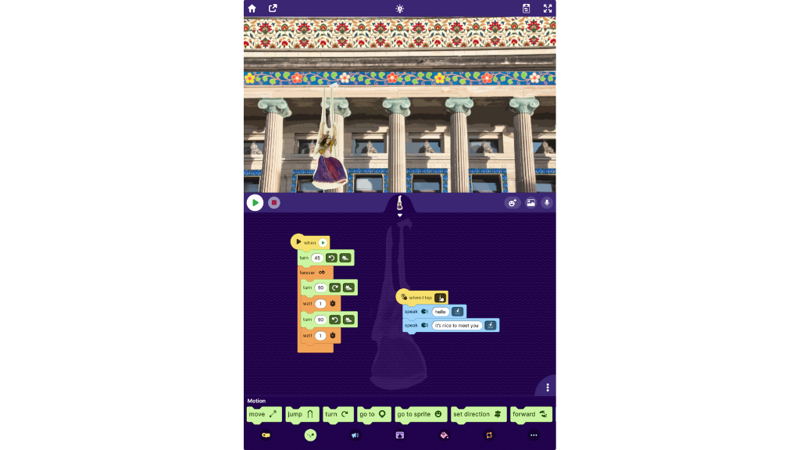A collage of images within a coding app, with coding instructions