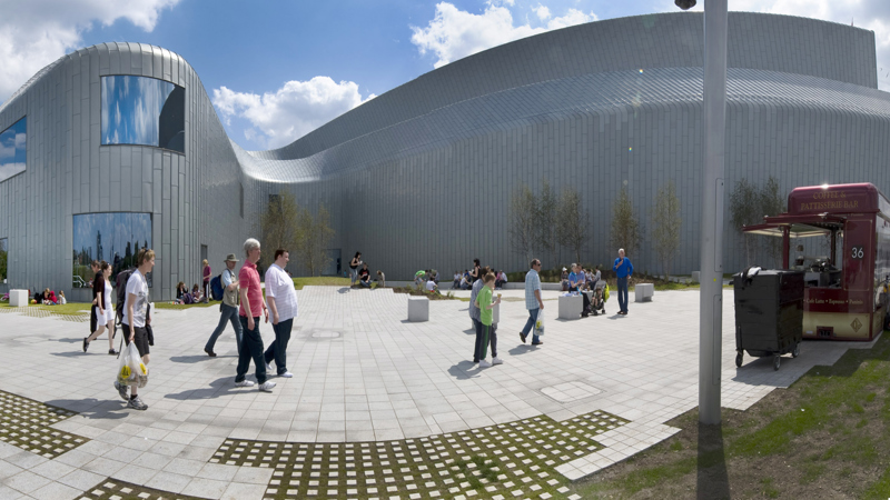 Photograph showing visitors arriving outside Riverside museum