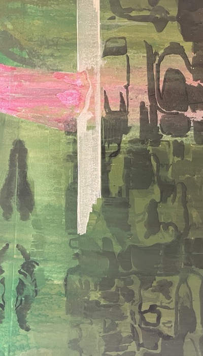 A detail from a painting that features a female figure wearing a long pink dress and a pink scarf wrapped around her head. The figure stands on a pale horizontal strip at the centre of the canvas. The background is built from layered green and dark brushstrokes that create a textured, atmospheric setting which is more like rippled water in the foreground.