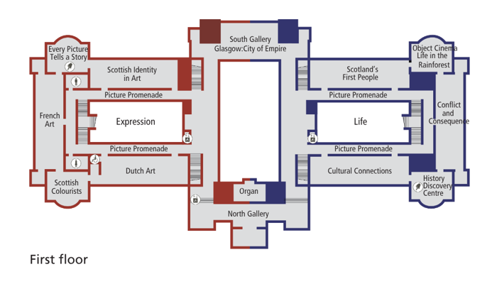 map of first floor of Kelvingrove Museum.