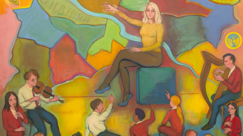 A colourful painting of a teacher surrounded by pupils 