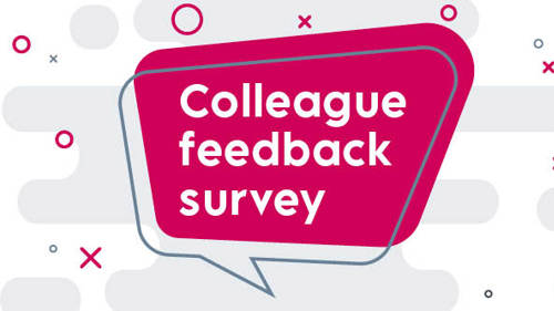 Graphic of a pink speech bubble with text Colleague Feedback Survey