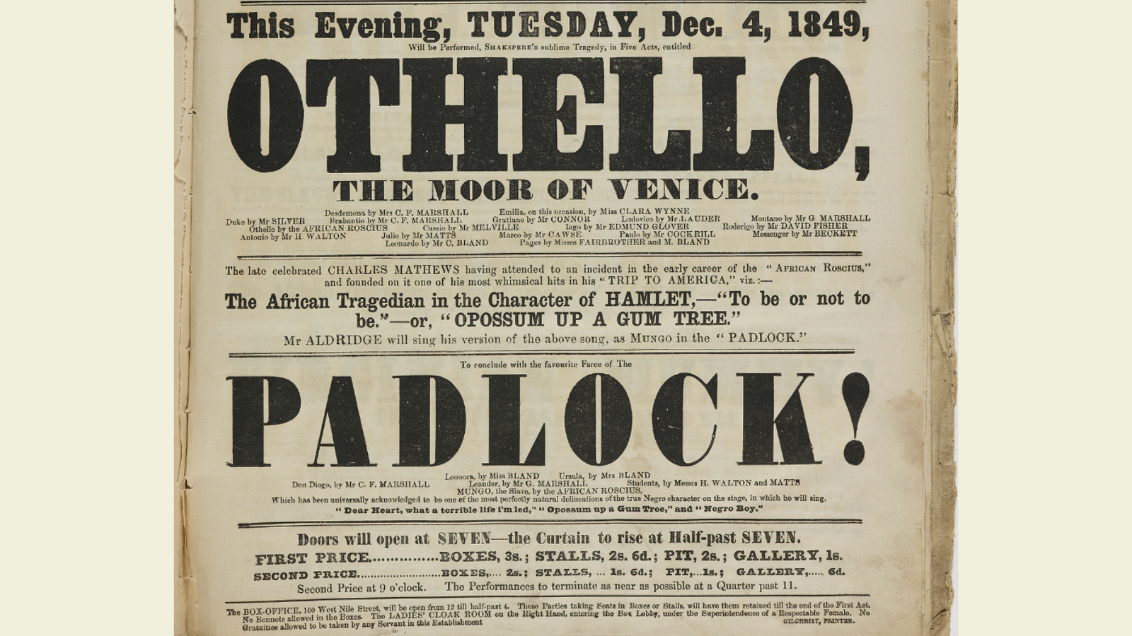 Playbill for Prince’s Theatre Royal, Glasgow.  4 December 1849. Main headline reads Othello, The Moor of Venice. To conclude with the favourite farce of the Padlock!