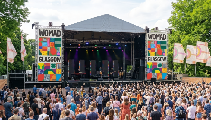 A large crowd stands before the Kelvin Stage, decorated with colourful WOMAD Glasgow banners.