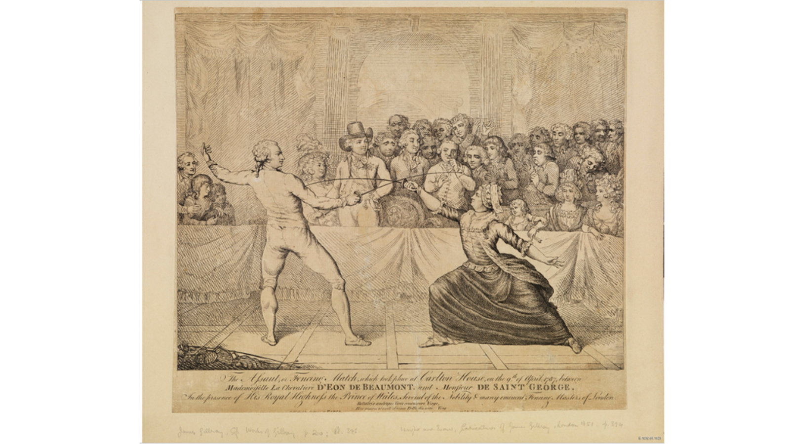 illustration of man and woman fencing on a parchment style paper. Etching of a staged fencing match in an ornate interior. Two figures duel with swords in the foreground—one standing at left with arm extended, the other crouching low at right in a defensive pose—while a large crowd of spectators fills the background behind a draped barrier. Classical columns and decorative curtains frame the scene. A long caption beneath the image describes the event, including the names “D’Eon de Beaumont”.
