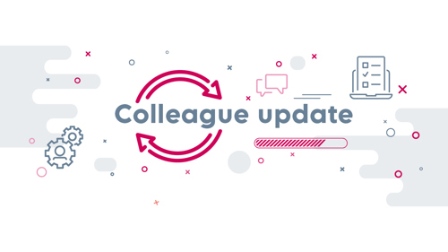 Banner with graphic of a checklist, arrows and speech bubbles with text Colleague update