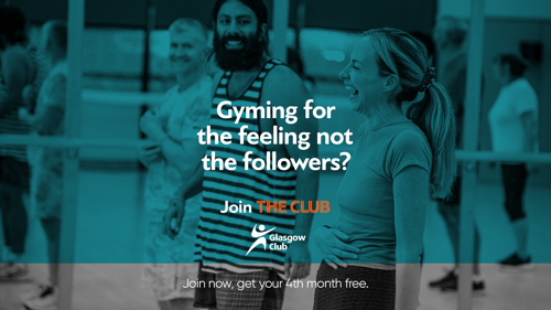 A group of three people smiling and taking part in a group exercise class with text Gyming for the feeling not the followers