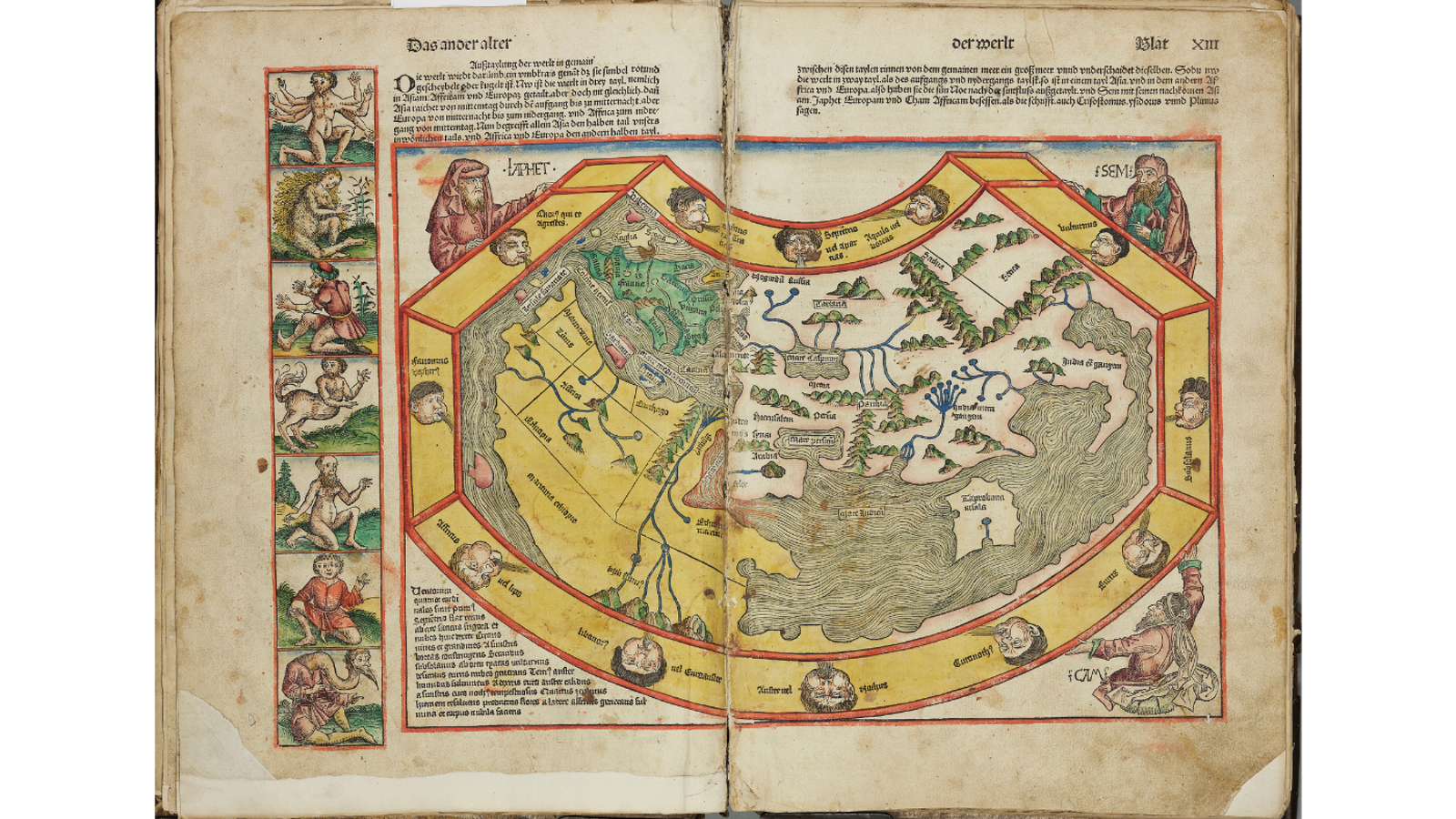 An open two-page spread of an early printed book featuring a medieval world map (Ptolemaic map) surrounded by wind heads and mythical creatures illustrated along the left margin.