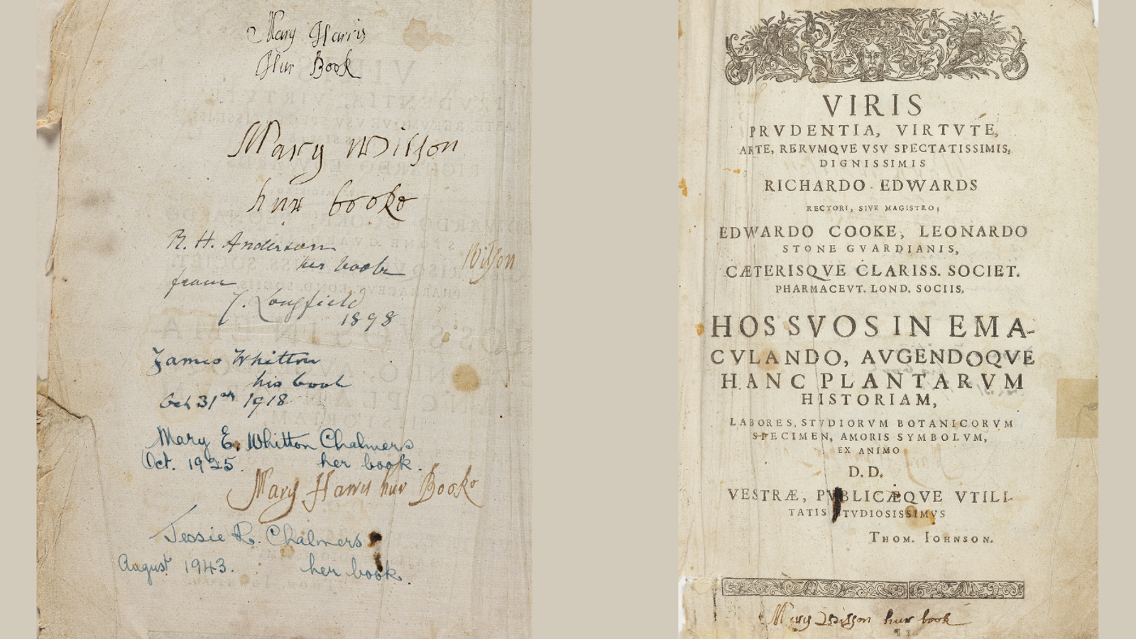 COLLAGE OF TWO IMAGes. One is the page of a book, with all the previous owners noted. The other is a title page.