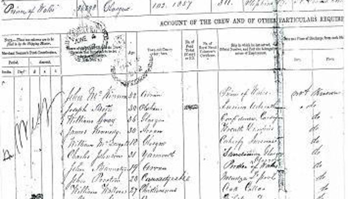 A photo of an Account of Crew of foreign going voyage to the shipping record, handwritten in black ink and stamps.