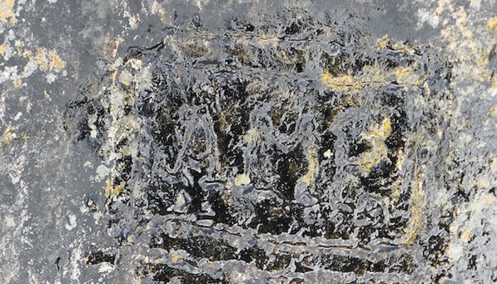 Close up of rock with carved initials of AMP