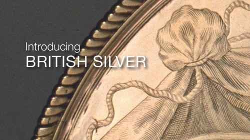 Cover of a book called Introducing British Silver featuring a close up of an intricately decorated silver tray