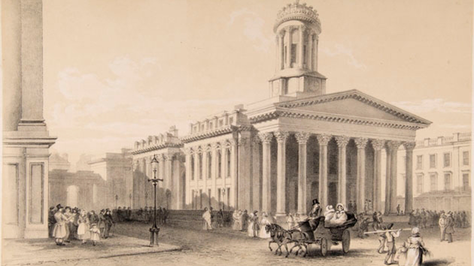 An old painting shows a building in Glasgow from the 18th century