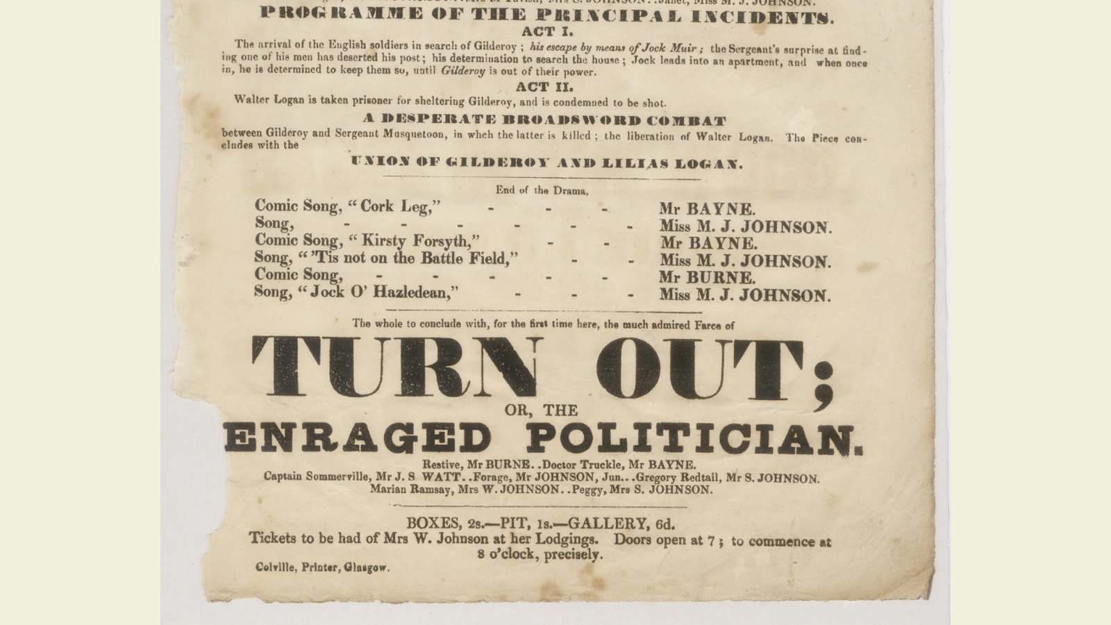 Playbill for Theatre, Glasgow. 17 August 1836. Main headline reads "Turn Out or the Enraged Politician."