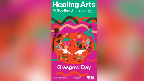 Colourful child-like drawing showing a group of people wearing kilts, holding hands and dancing in a circle