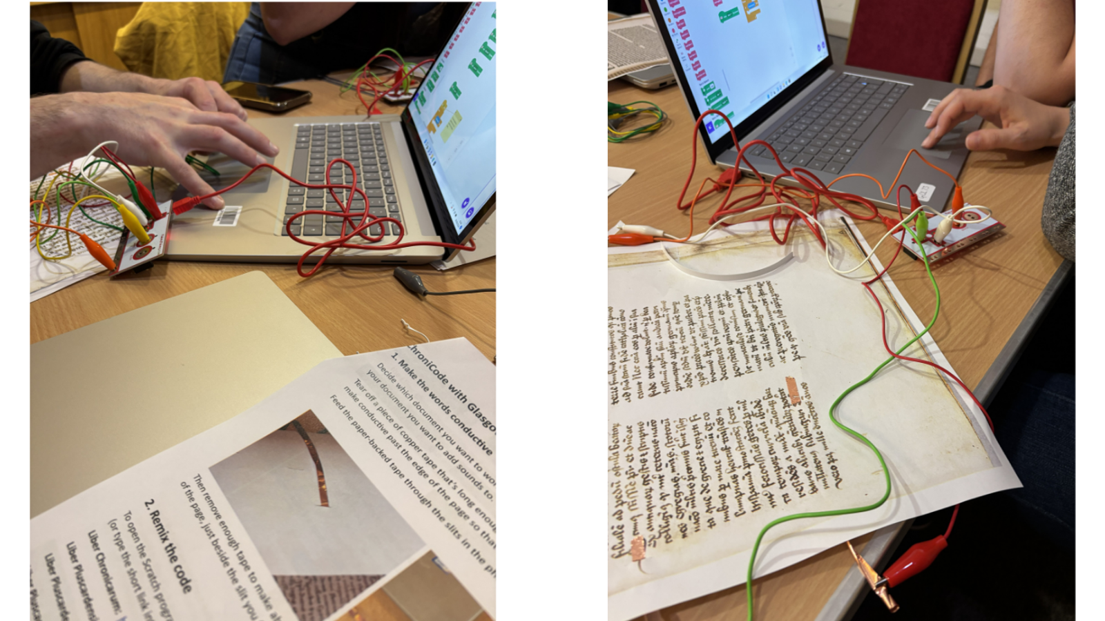 A person typing on a laptop with an attached microcontroller circuit board and alligator clips, while an instruction sheet titled "ChroniCode with Glasgow" lies in the foreground.