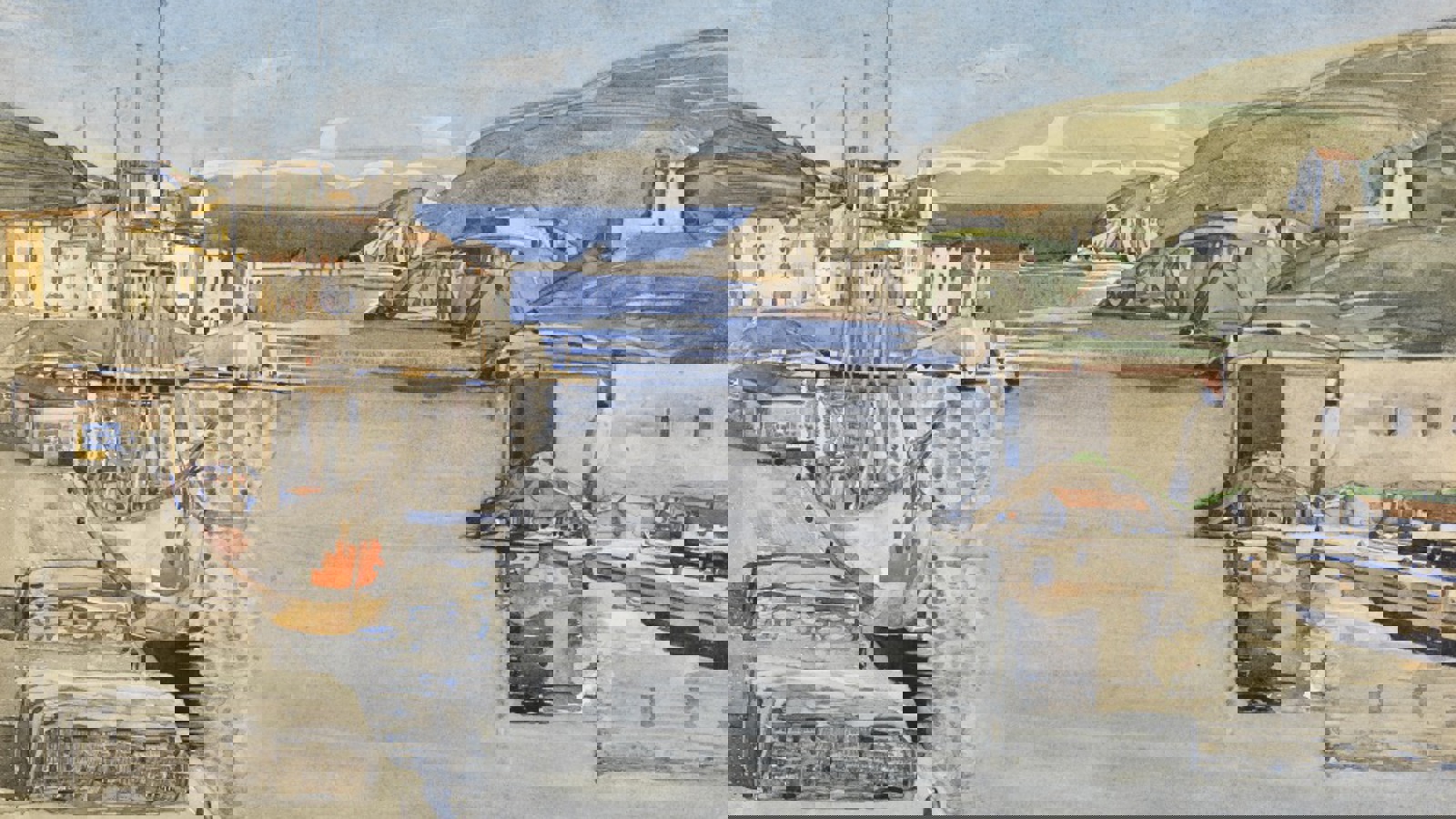 a painting of a Mediterranean harbour scene showing small masted ships along the quayside in a bay with a blue channel leading out to sea.